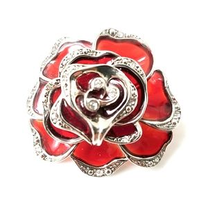 Liz Claiborne Red Glass Rhinestone Silver Tone Metal Trim Flower Rose Brooch